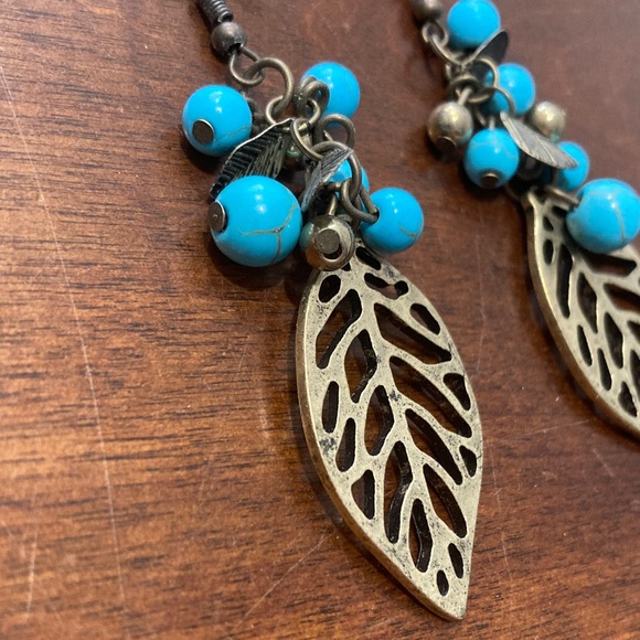 Leaf Design Earrings with Turquoise Accents - Picture 2 of 3